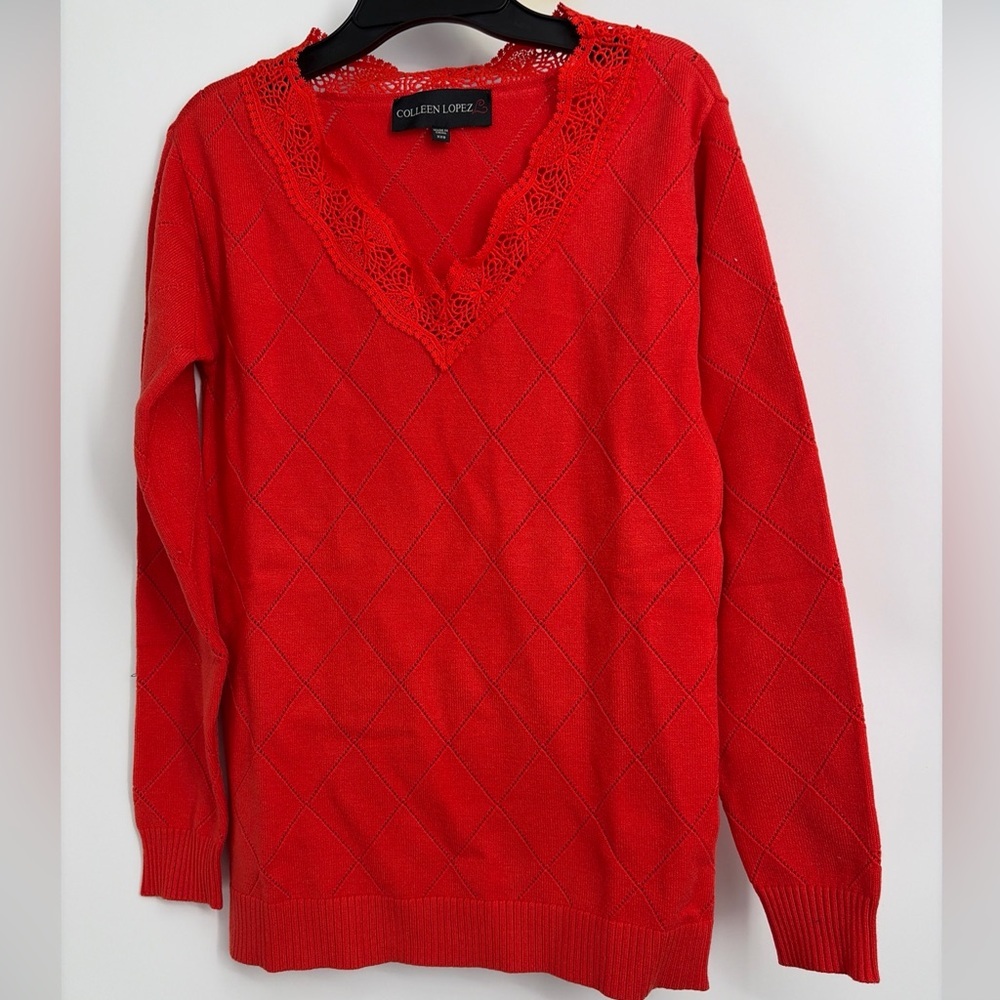 Colleen Lopez Sz XXS Red Knit Diamond Patter Sweater Pointelle Lace Neck